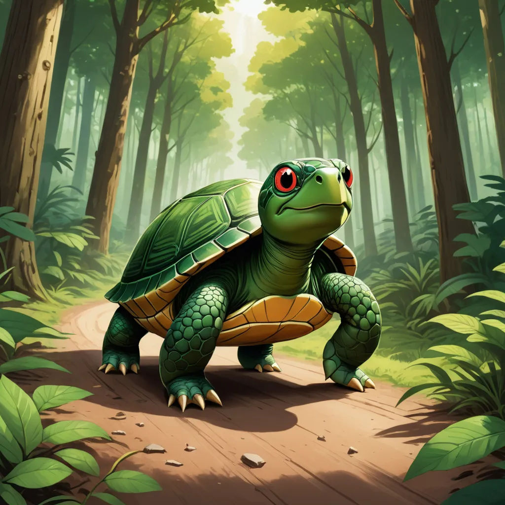 a cartoon turtle is walking through a forest with trees and leaves on the ground and a path leading to the ground, sots art, a character portrait, Chris LaBrooy, magic the gathering artwork