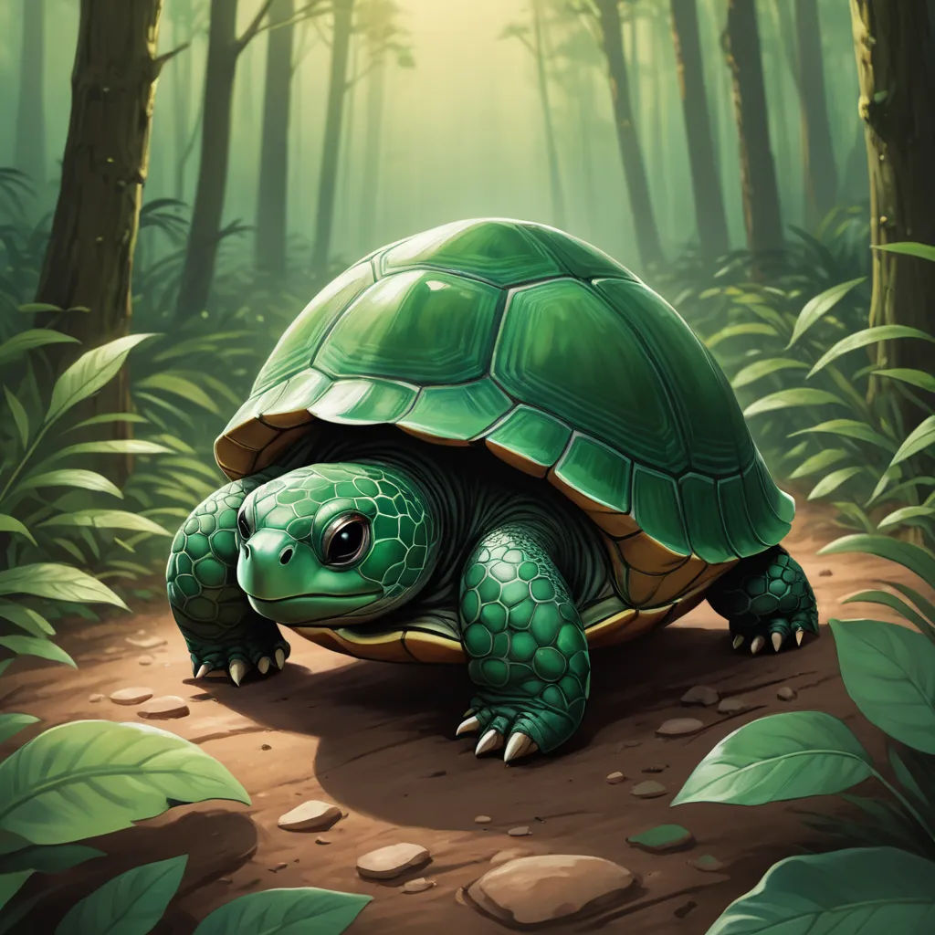 a green turtle is walking through a forest with leaves on the ground and a sunbeam in the background, sots art, a digital painting, Chris LaBrooy, magic the gathering artwork