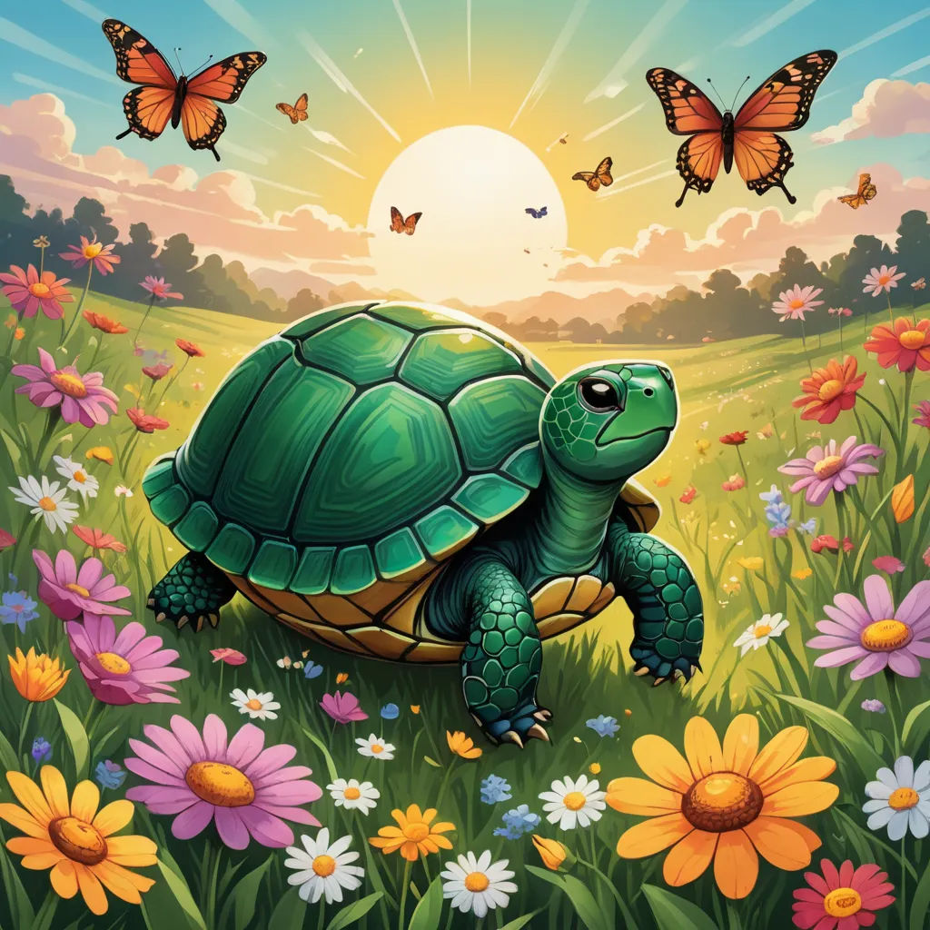 a turtle in a field of flowers with butterflies flying above it and a sun setting behind it, with a field of flowers and butterflies, sots art, a storybook illustration, Chris LaBrooy, highly detailed digital painting