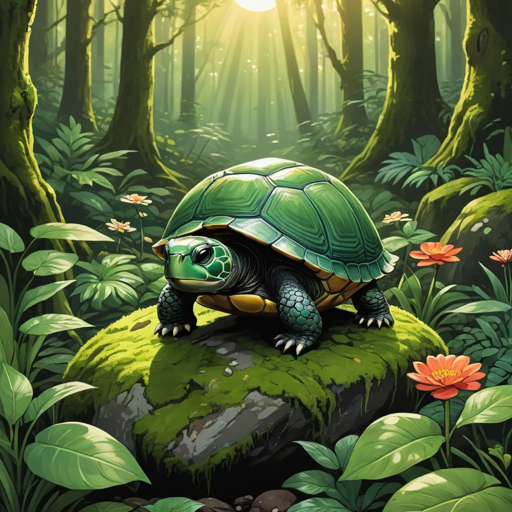 a turtle sitting on a rock in the middle of a forest with flowers and trees around it, with the sun shining through the trees, fantasy art, a digital painting, Chris LaBrooy, magic the gathering artwork