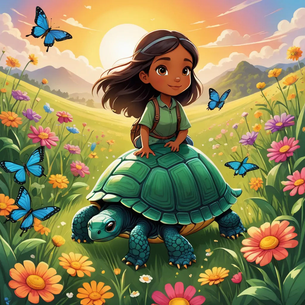 a girl sitting on top of a turtle in a field of flowers and butterflies with a butterfly flying above her, sots art, a storybook illustration, Drew Struzan, official art