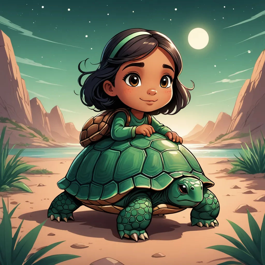 a cartoon girl sitting on top of a turtle in the desert at night with a full moon in the sky, sots art, a storybook illustration, Cliff Childs, 2 d game art