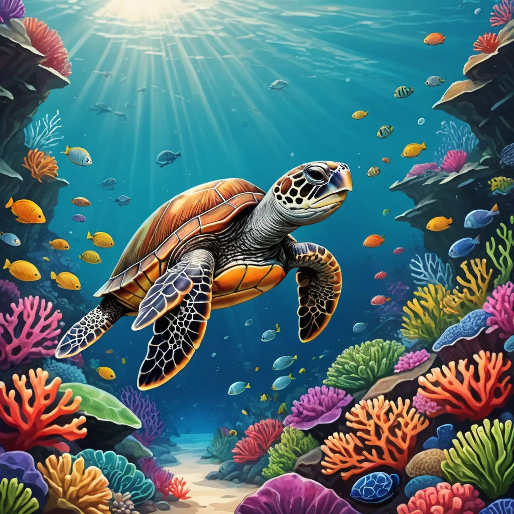 a painting of a turtle swimming in the ocean with corals and fish around it, with sunlight shining through the water, fantasy art, an airbrush painting, Dan Mumford, highly detailed digital painting