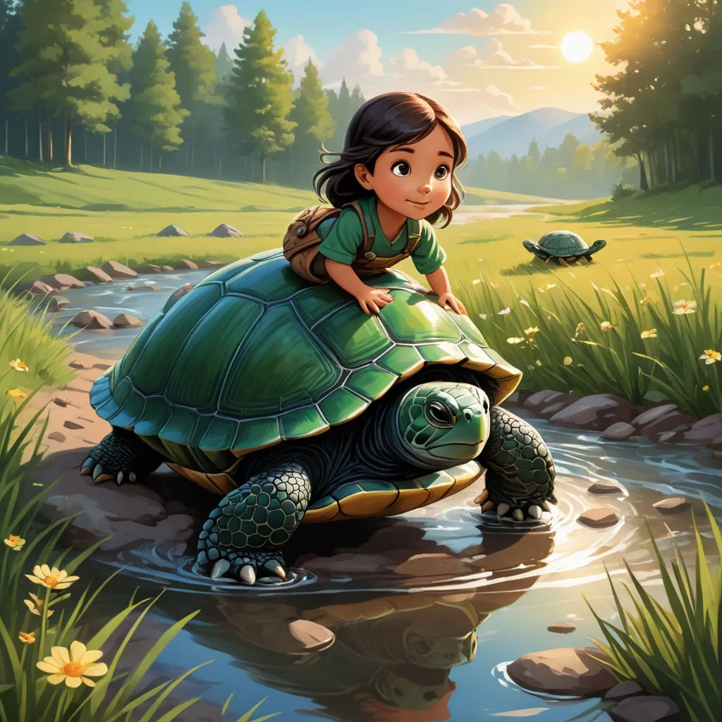 a girl riding on top of a turtle in a river with a turtle nearby on a sunny day with a sun shining, sots art, a storybook illustration, Chris LaBrooy, storybook illustration