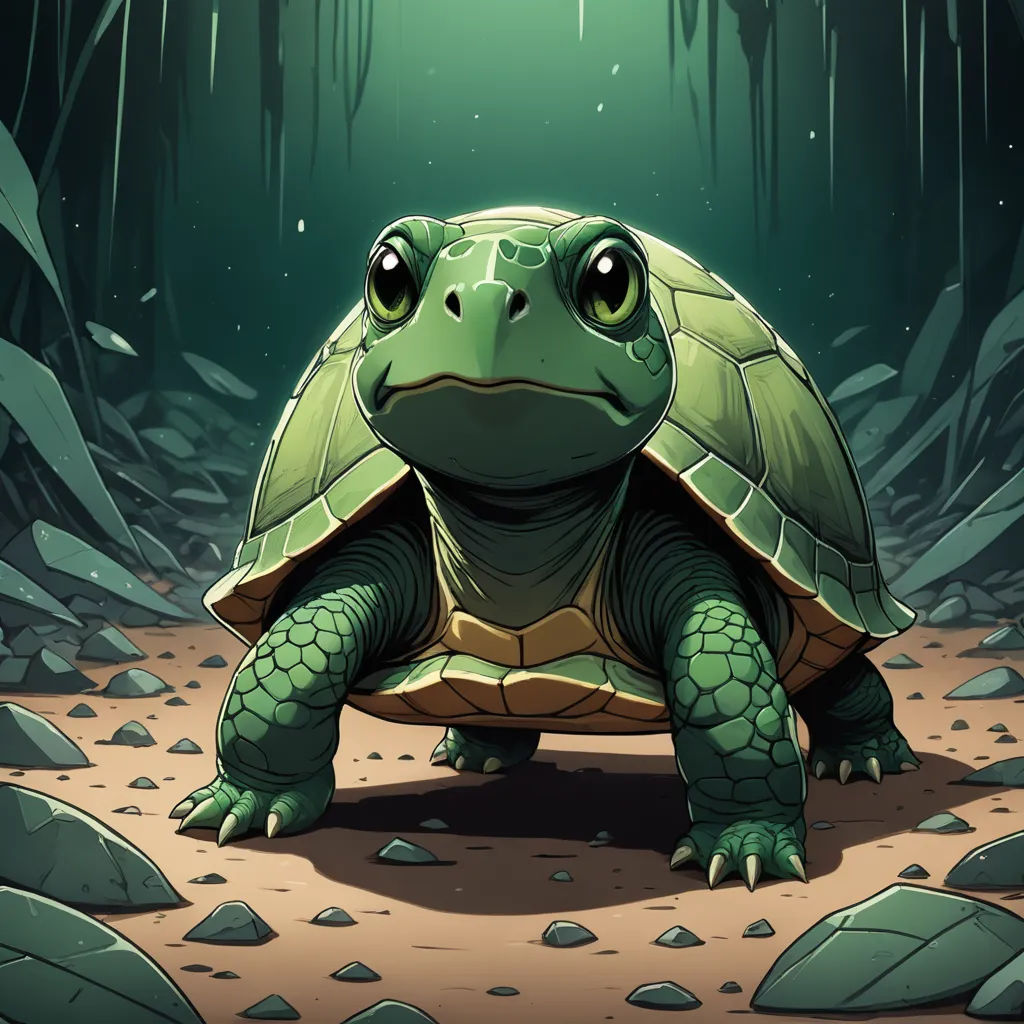 a cartoon turtle is sitting on the ground in the middle of a forest with rocks and plants around it, sots art, a character portrait, Dan Mumford, game art