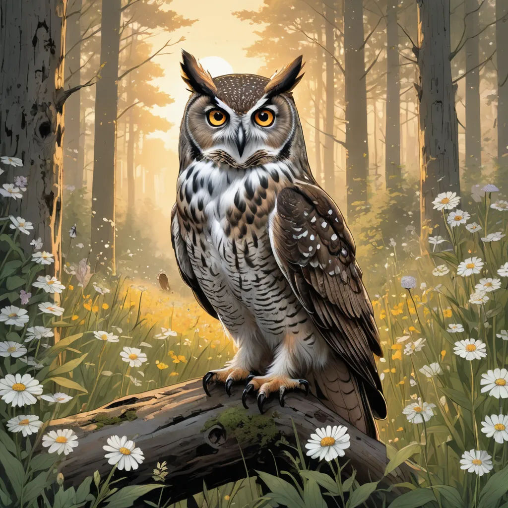 a painting of an owl sitting on a log in a forest with daisies and trees in the background, fantasy art, an airbrush painting, Dan Mumford, magic the gathering artwork
