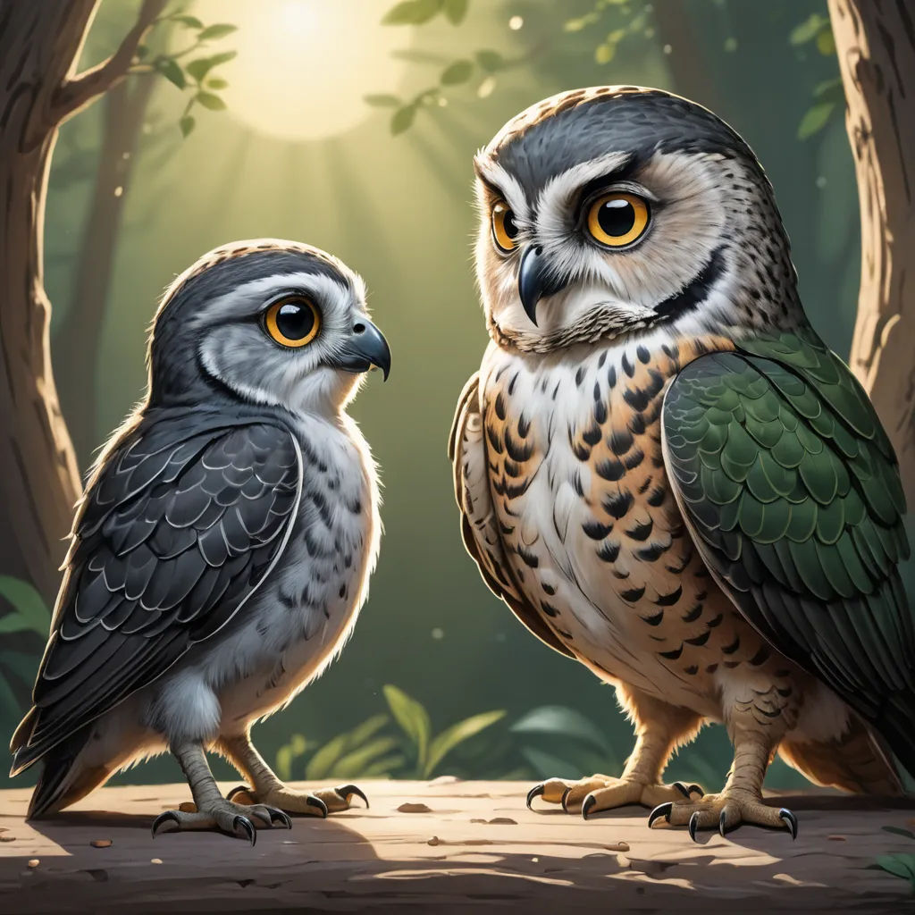 two owls sitting on a log in a forest with sunlight shining through the trees behind them and a tree trunk, sots art, a digital painting, Chris LaBrooy, highly detailed digital painting