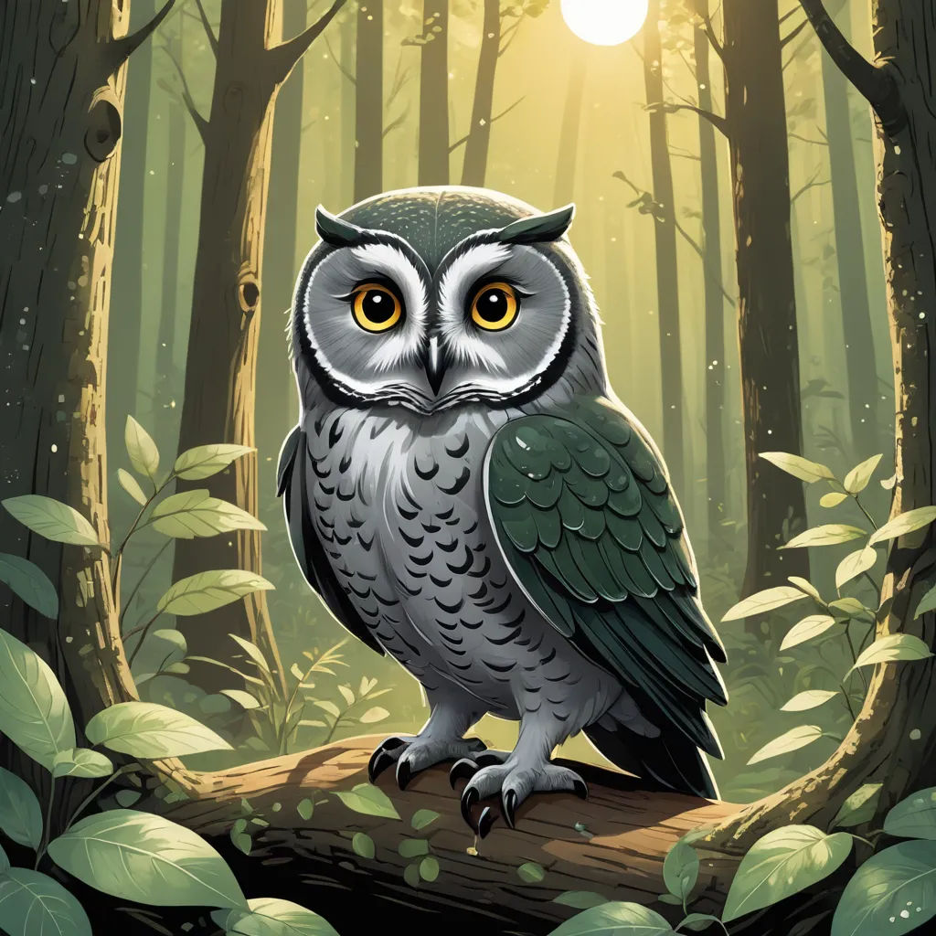 a cartoon owl sitting on a log in a forest with a bright sun in the background and leaves around it, fantasy art, a storybook illustration, Dan Mumford, storybook illustration