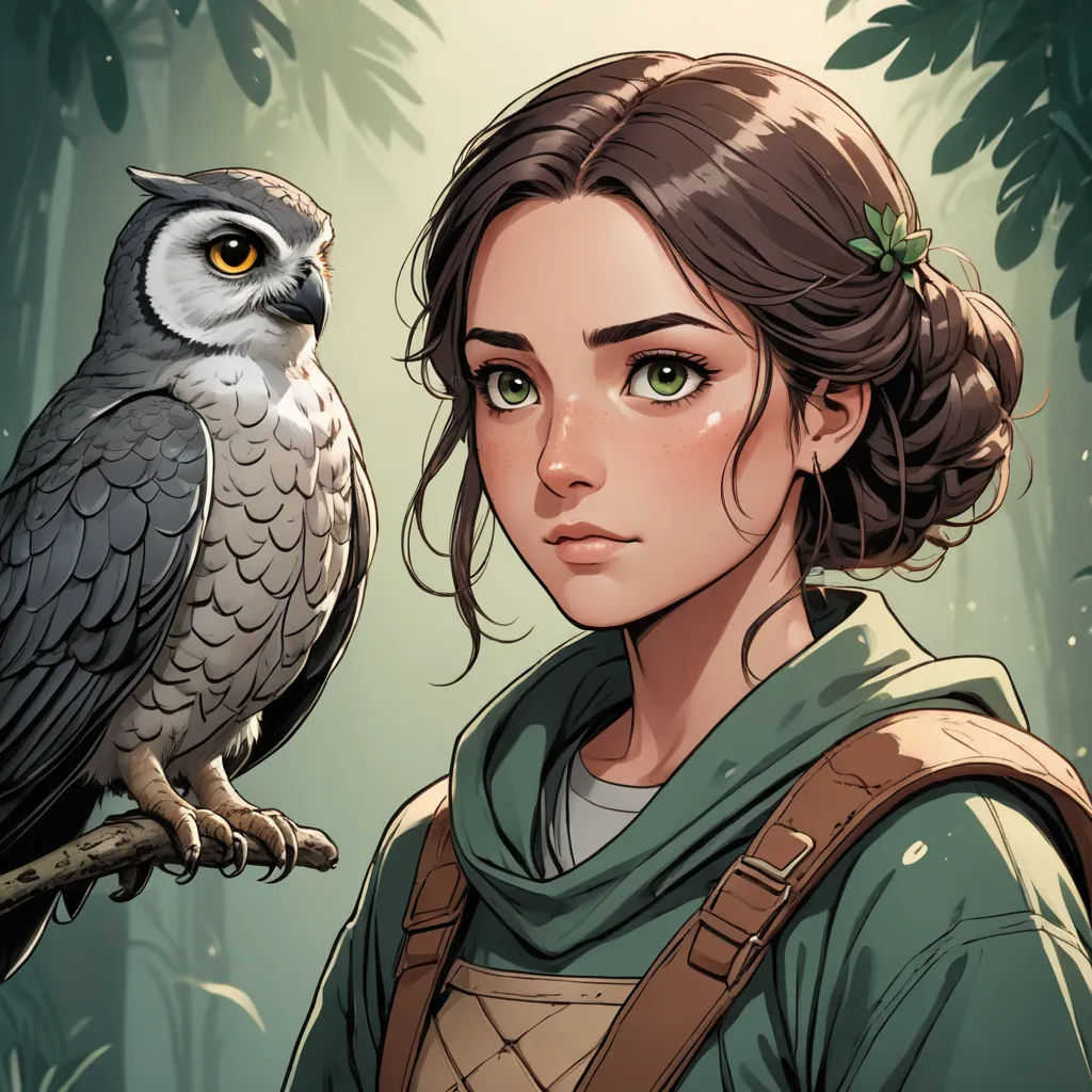 a woman with a backpack and an owl on her shoulder, standing in front of a forest background, with a green hoodie on, fantasy art, a character portrait, Charlie Bowater, cushart krenz