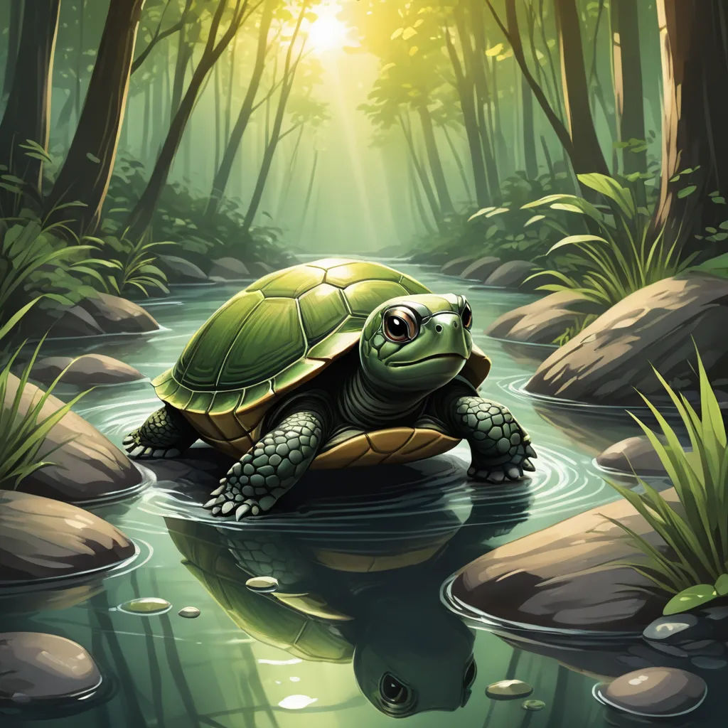 a turtle is sitting on a rock in the water and looking at the sun through the trees and rocks, sots art, a storybook illustration, Chris LaBrooy, magic the gathering artwork