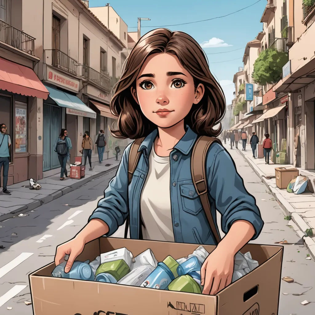 a woman holding a box of water in a street with people walking by on the sidewalk and a building, hyperrealism, a comic book panel, Cedric Seaut (Keos Masons), comic book