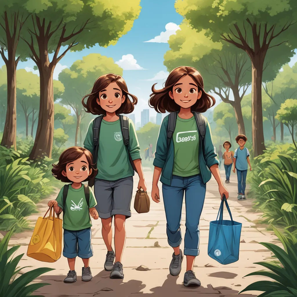 a mother and daughter walking in the park with bags of groceries on their shoulders and a man carrying a bag behind them, lyco art, a storybook illustration, Diego Gisbert Llorens, comic cover art