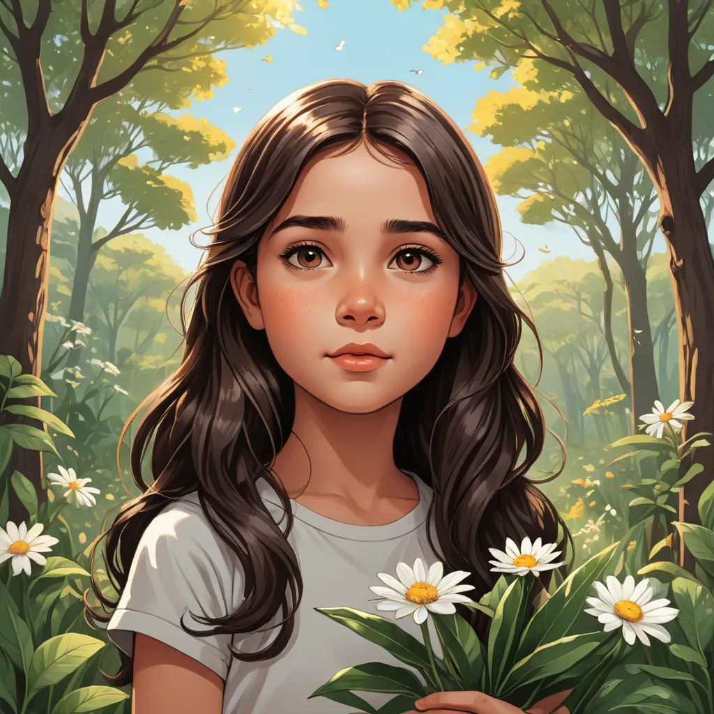 a girl holding a bunch of daisies in a forest with trees and flowers in her hands and a sky background, fantasy art, a character portrait, Constance Gordon-Cumming, trending on art station