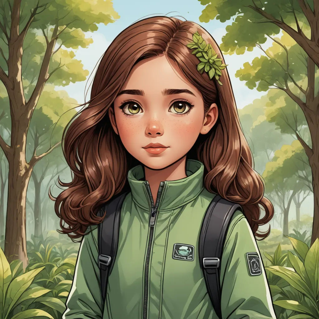 a girl with a backpack in the woods with trees and bushes behind her, looking at the camera, with a green jacket on, fantasy art, a character portrait, Clarice Beckett, character portrait