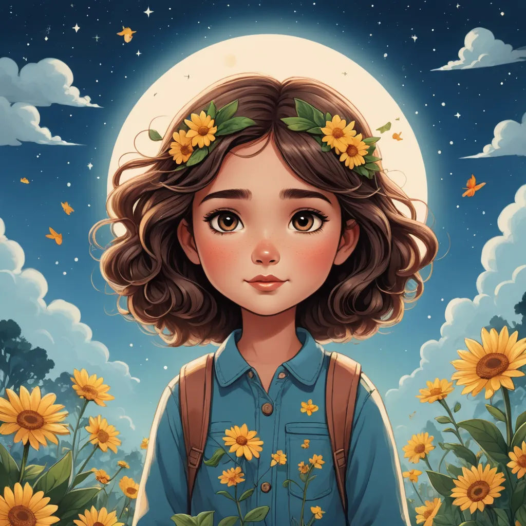 a girl with a flower crown on her head standing in a field of sunflowers under a full moon, fantasy art, a character portrait, Anna Dittmann, trending on art station