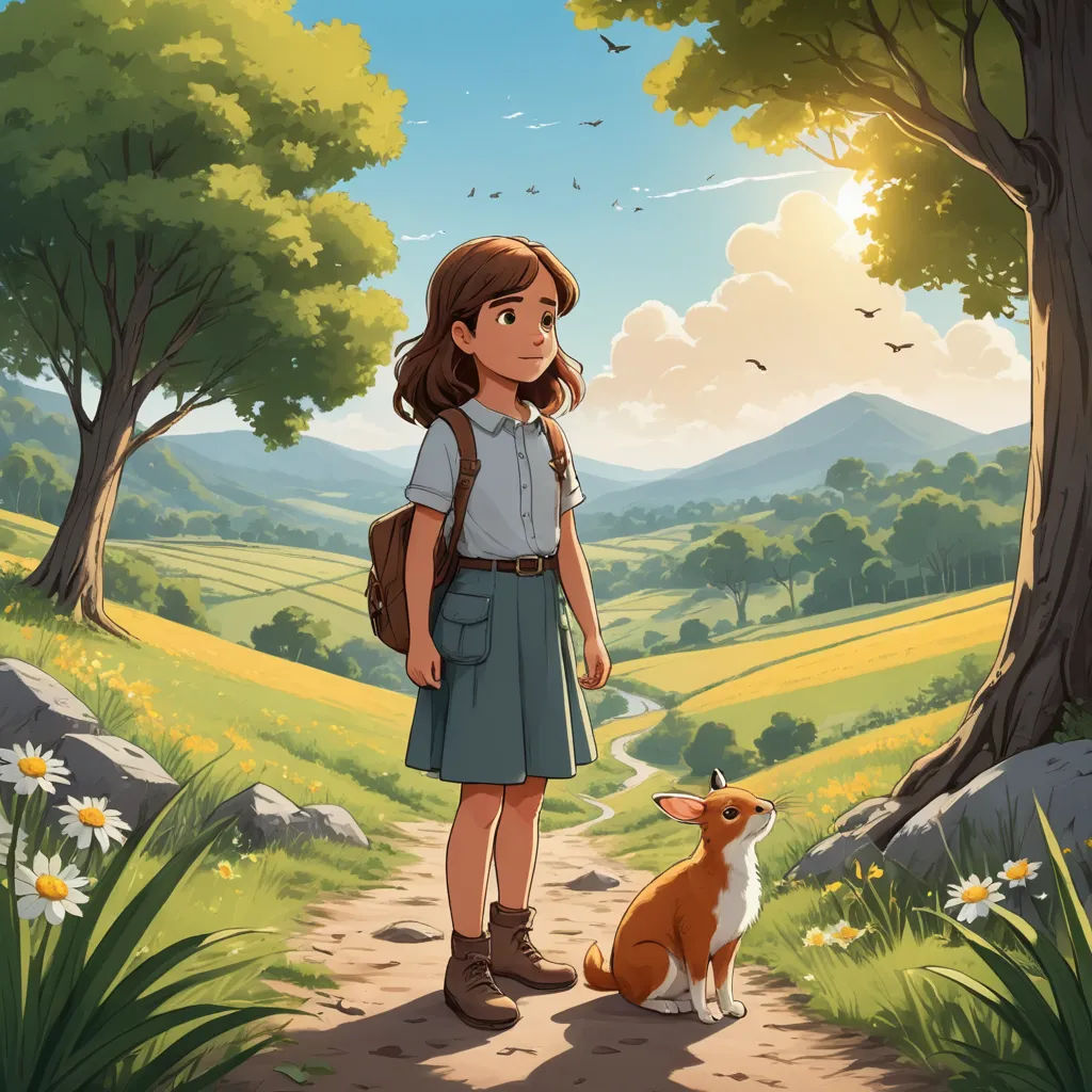 a girl standing on a path with a dog in front of her and a mountain landscape behind her, with a sun shining through the trees, environmental art, a storybook illustration, Diego Gisbert Llorens, official art