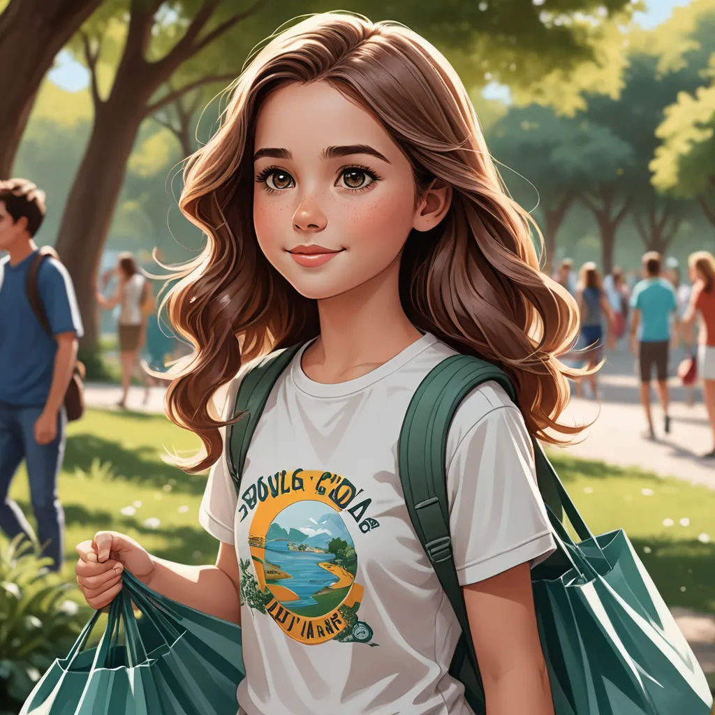 a painting of a girl holding a green bag in a park with people walking around her and trees in the background, american scene painting, a detailed painting, disney, kinkade