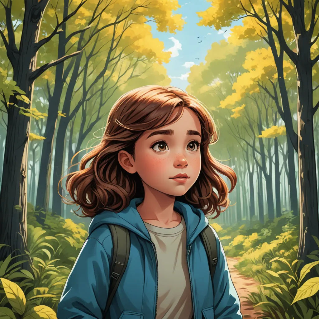 a girl in a blue jacket standing in a forest with trees and leaves on the ground and a path leading to the woods, serial art, a storybook illustration, Cliff Childs, trending on art station