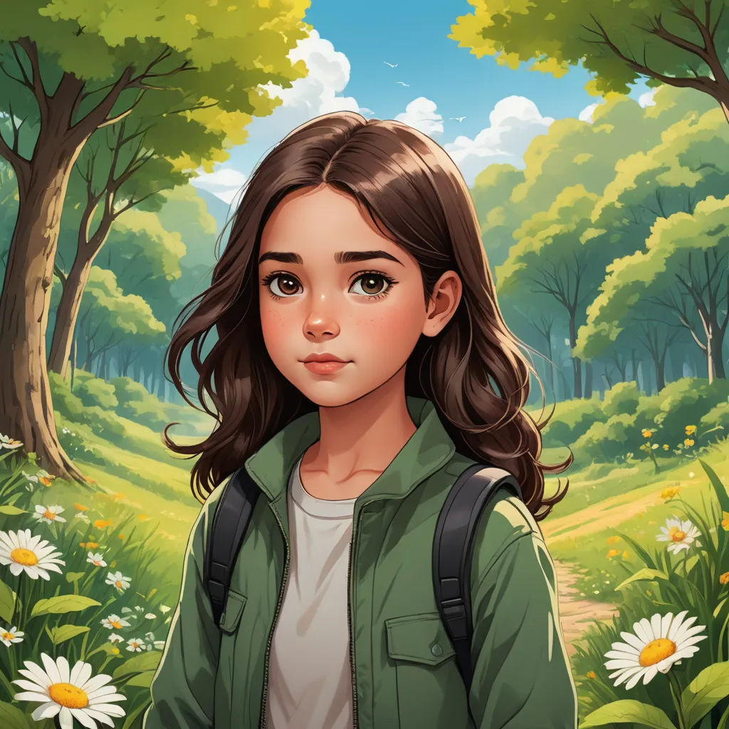 a girl in a green jacket standing in a forest with daisies and trees in the background, with a path leading to the forest, paris school, a character portrait, Clarice Beckett, deviantart artstation