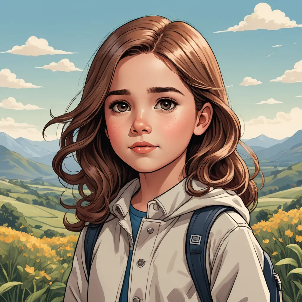 a painting of a girl with a backpack on a field of flowers and mountains in the background, with a blue sky and clouds, paris school, a character portrait, Artgerm, trending on art station
