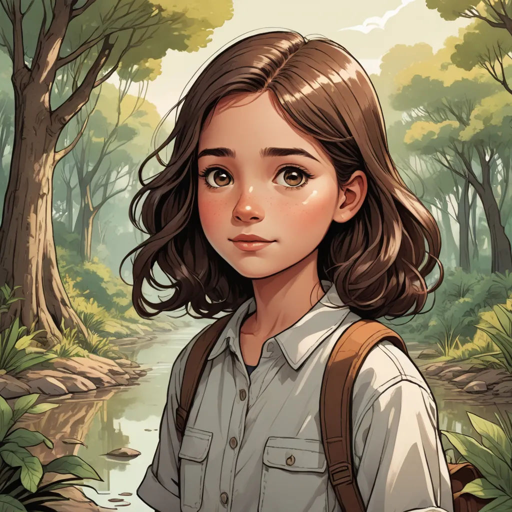 a girl with a backpack standing in a forest looking at the camera with a river in the background and trees in the background, paris school, a character portrait, Cliff Childs, stanley artgerm lau