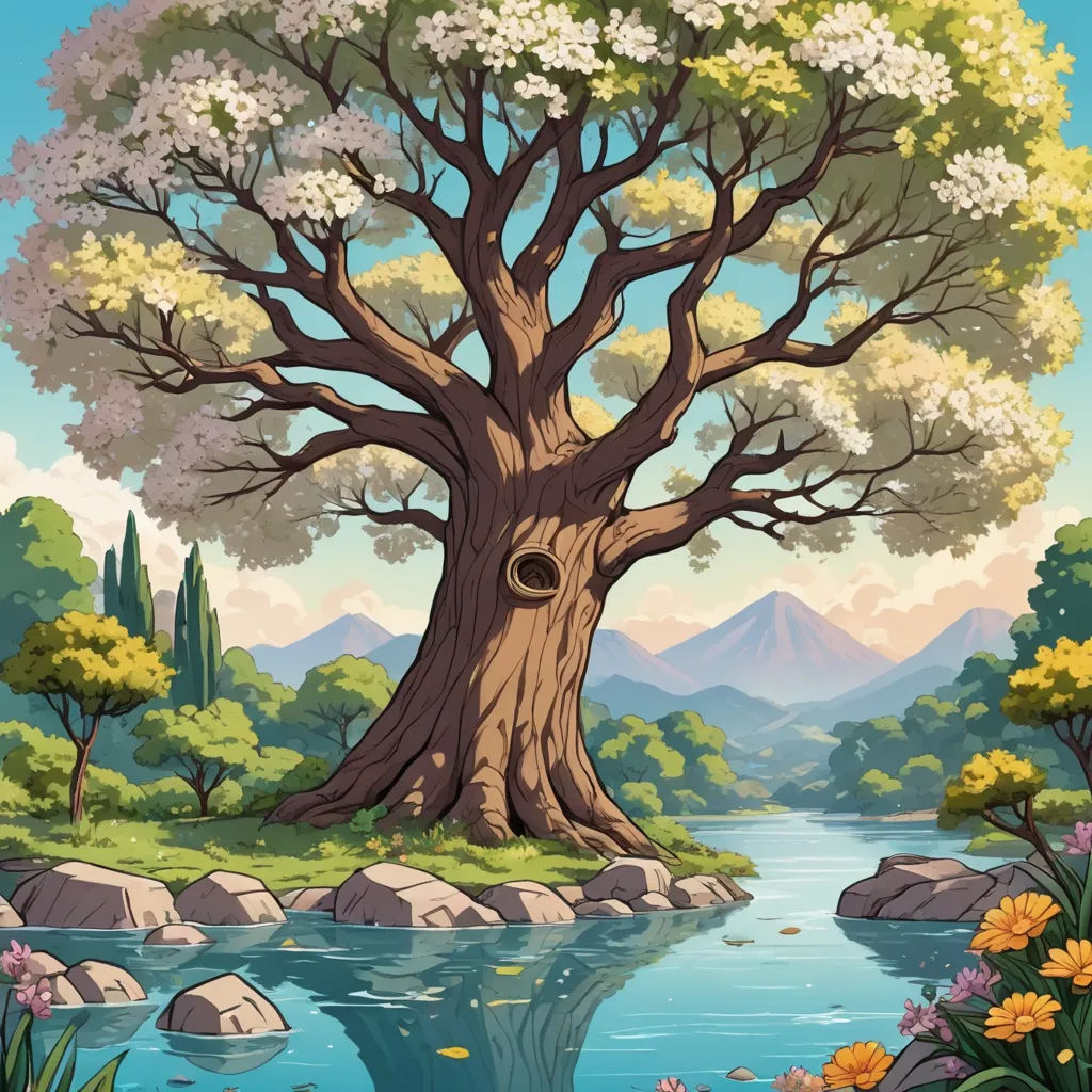 a painting of a tree with a river in the foreground and mountains in the background with a blue sky, fantasy art, a detailed matte painting, Chris LaBrooy, highly detailed digital painting
