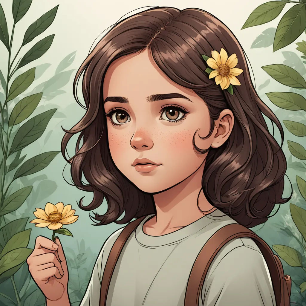 a girl with a flower in her hair and a backpack on her shoulder, standing in front of a bush, fantasy art, a character portrait, Clarice Beckett, deviantart artstation