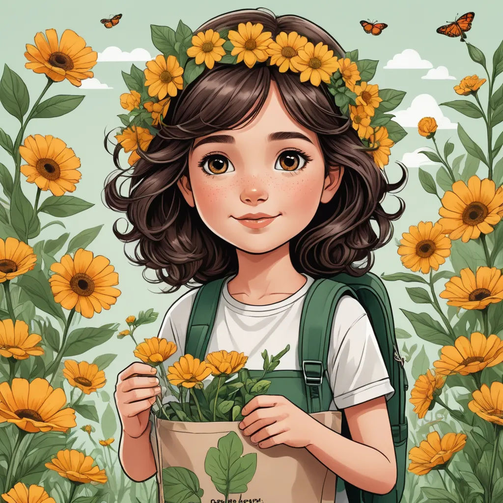 a girl with a flower crown holding a bucket of flowers in front of a field of sunflowers, fantasy art, a storybook illustration, Claire Hummel, trending on art station