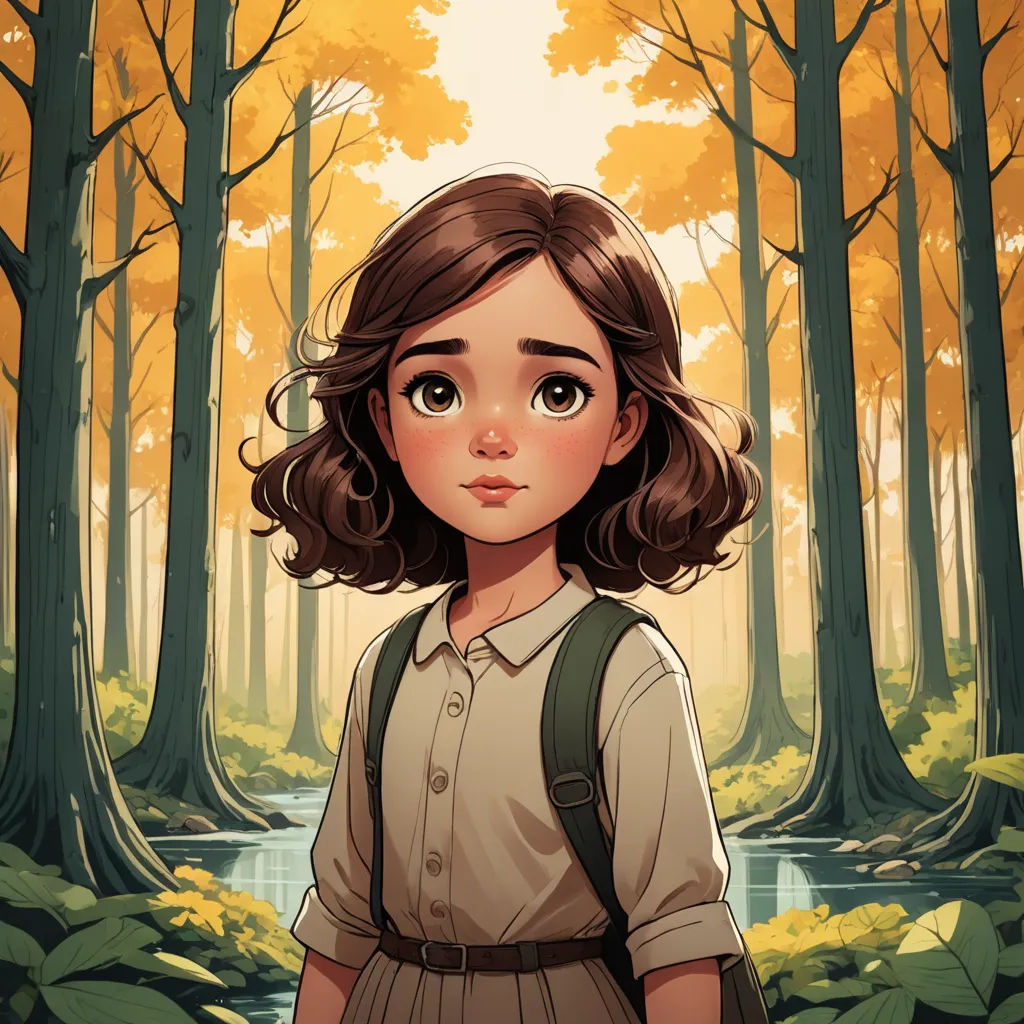 a girl in a forest with a backpack on her shoulder and a river in the background with trees and leaves, serial art, a character portrait, Clarice Beckett, comic cover art
