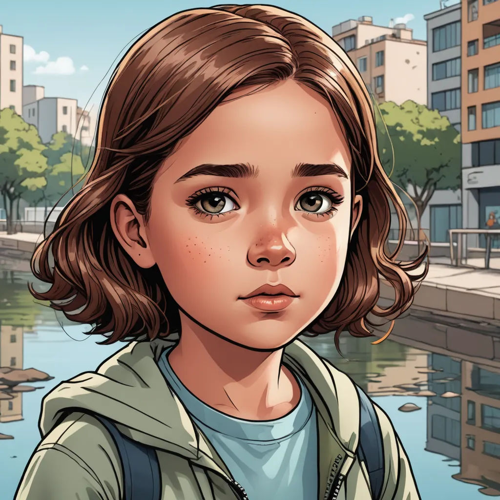 a girl with a backpack is looking at the camera and is in front of a river and buildings with a bridge, hyperrealism, a comic book panel, Eve Ryder, comic cover art