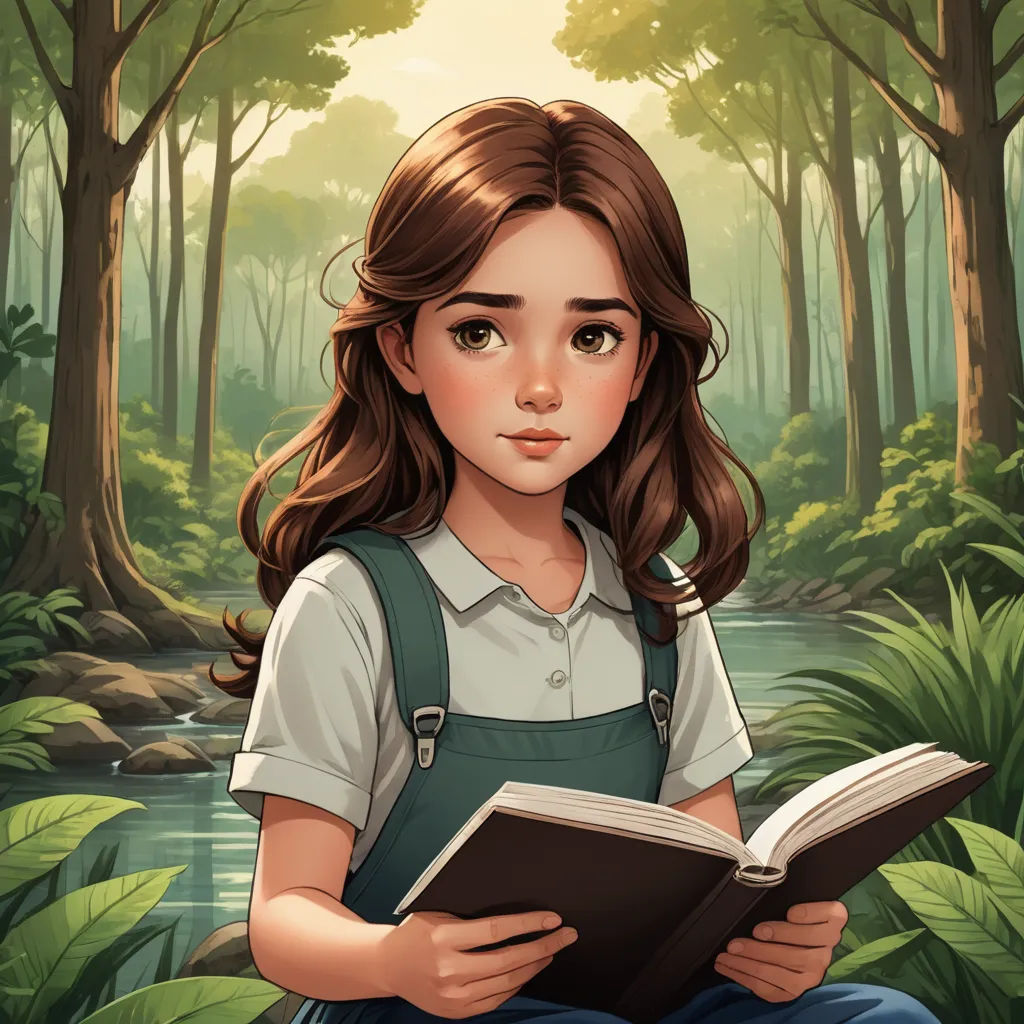 a girl reading a book in the woods with a river in the background and trees in the background,, fantasy art, a storybook illustration, Clarice Beckett, storybook illustration