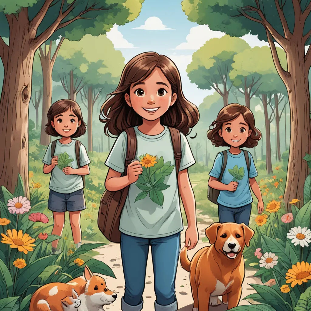 a girl and two dogs are walking through the woods with sunflowers on their backs and a girl with a backpack is holding a sunflower, process art, a storybook illustration, Elinor Proby Adams, comic cover art
