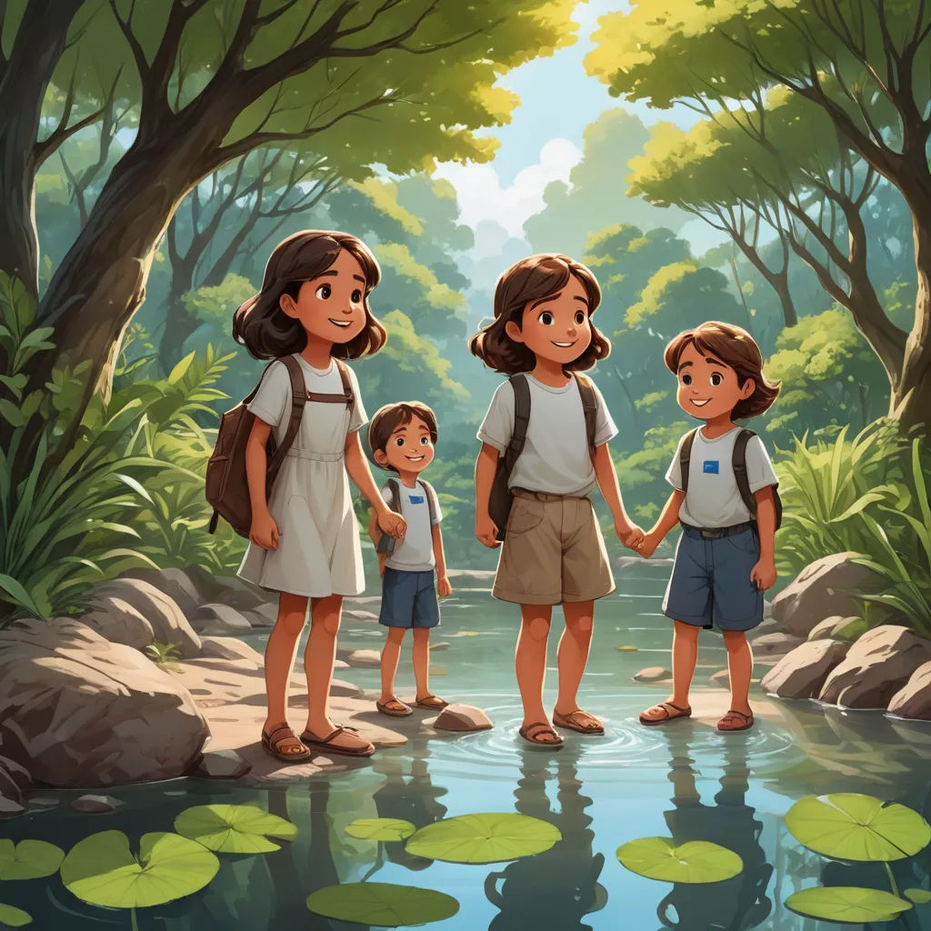 a family of three standing in front of a river holding hands and looking at the camera with a forest background, paris school, a storybook illustration, Diego Gisbert Llorens, official art