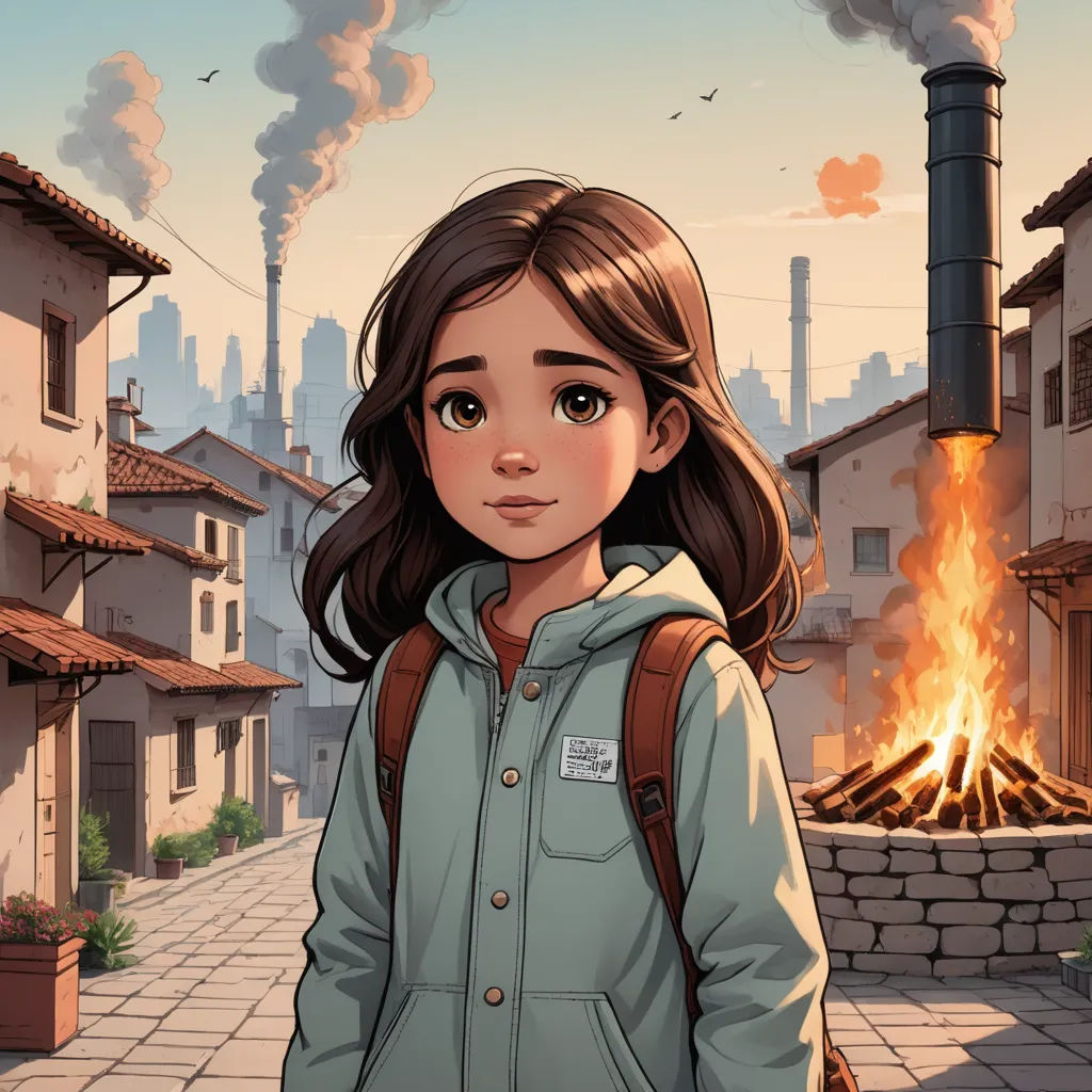 a girl standing in front of a fire place with a backpack on her shoulder and a building in the background, environmental art, a storybook illustration, Diego Gisbert Llorens, comic cover art