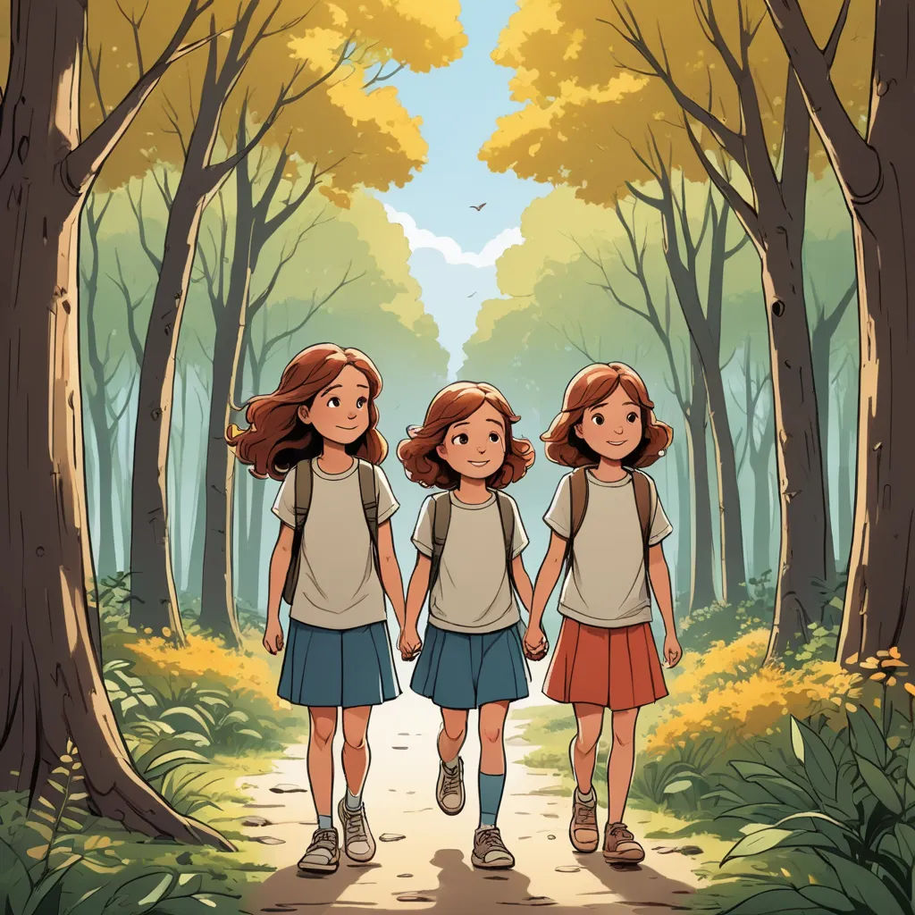two girls walking down a path in the woods with backpacks on their backs and trees in the background, serial art, a storybook illustration, Diego Gisbert Llorens, comic cover art