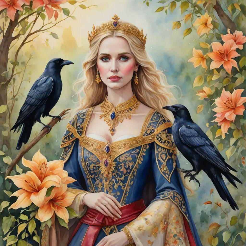 a painting of a woman in a blue dress with a bird on her shoulder and a flower in her hand, gothic art, a detailed painting, Anne Stokes, detailed painting