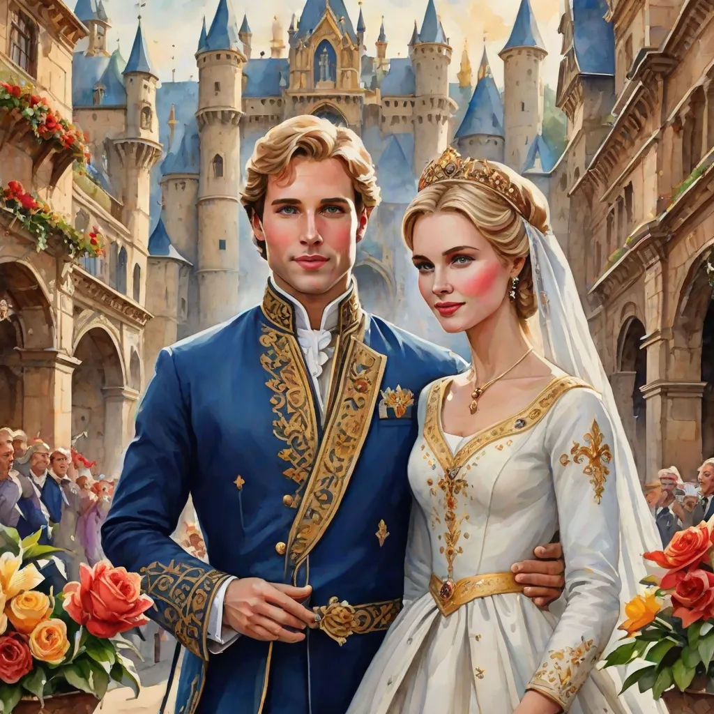 a painting of a man and woman in wedding attire standing in front of a castle with roses in the foreground, magical realism, a detailed painting, Brothers Hildebrandt, official art