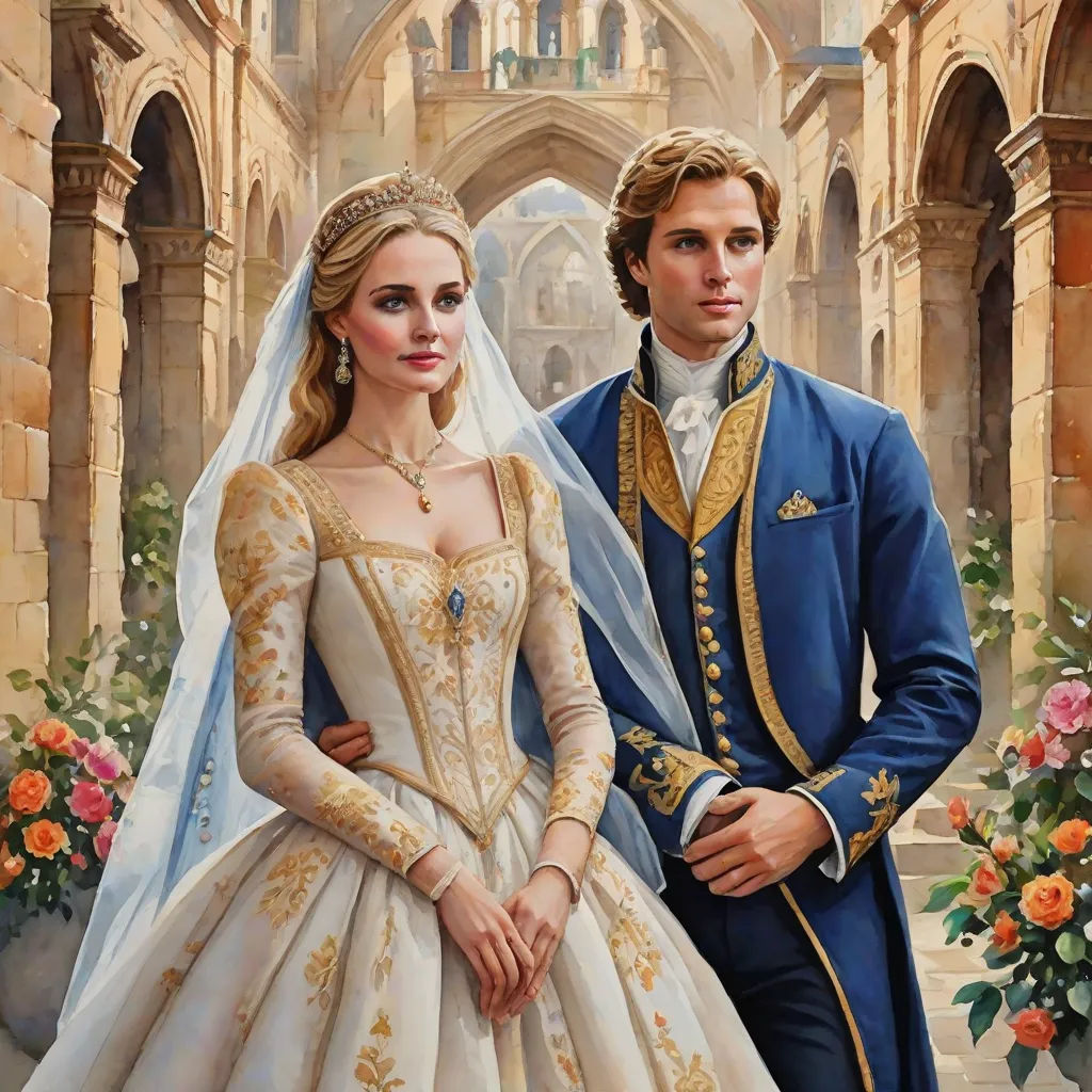 a painting of a man and woman in wedding attire standing next to each other in front of a castle, figurative art, a detailed painting, Anne Stokes, highly detailed oil painting