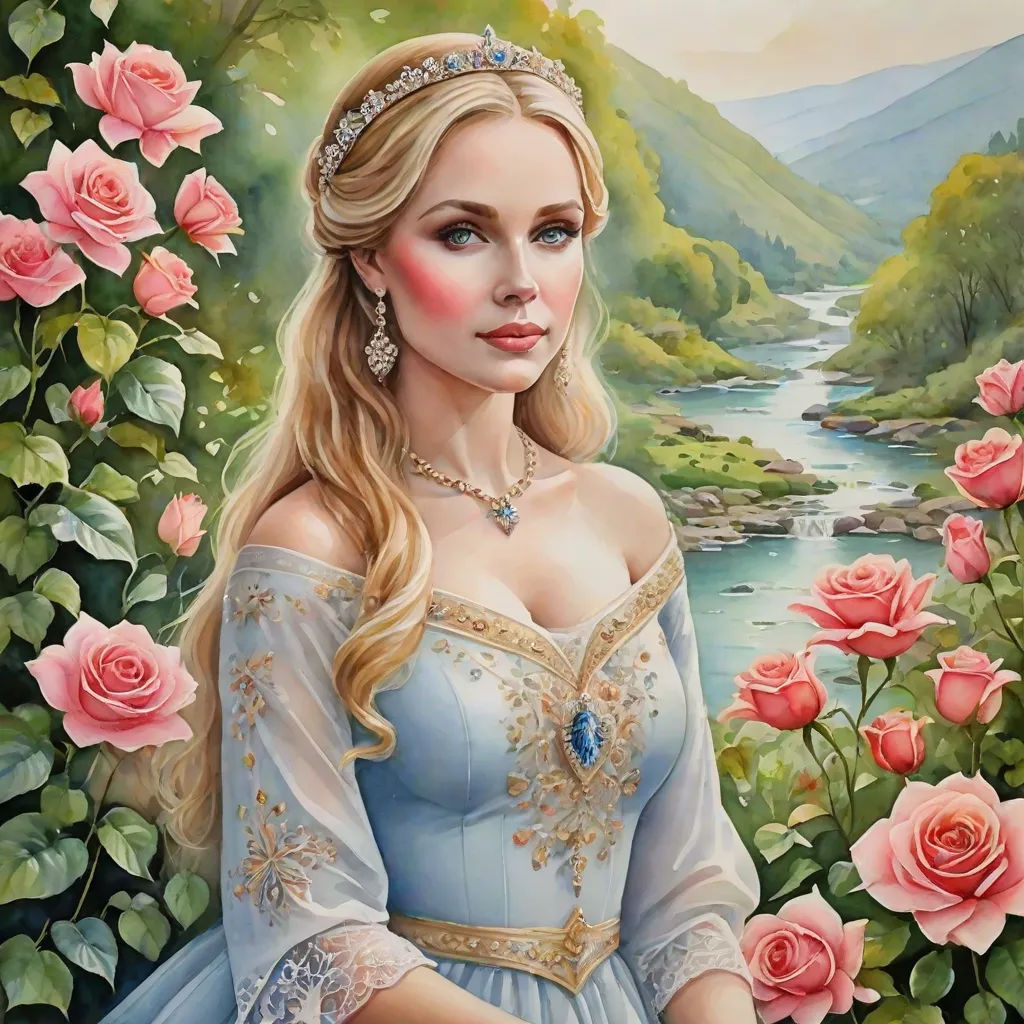 a painting of a woman in a blue dress with roses around her neck and a river in the background, fantasy art, a detailed painting, Anne Stokes, highly detailed oil painting
