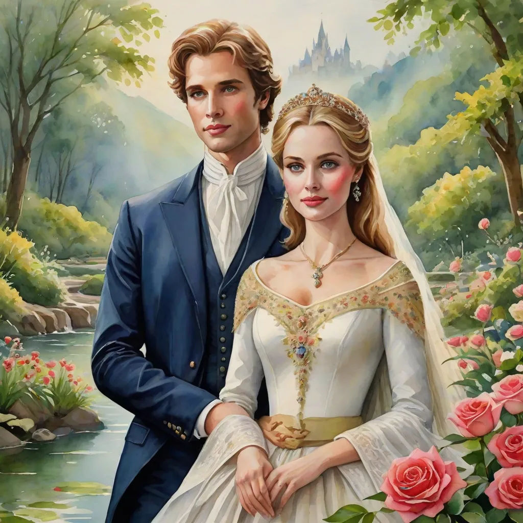 a painting of a man and woman in wedding attire standing next to a river and roses in the foreground, fantasy art, a detailed painting, Anne Stokes, kinkade