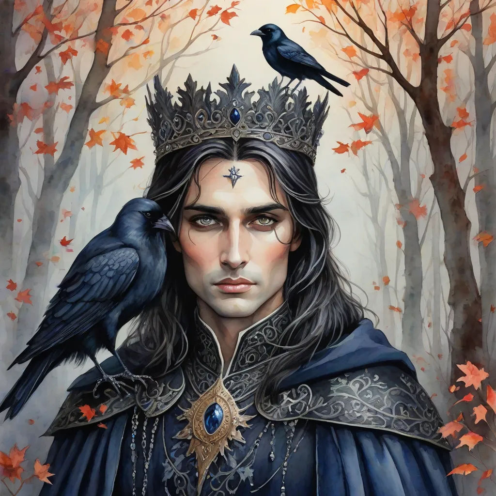a painting of a man with a crown and two crows on his head, in a forest with leaves, gothic art, a detailed painting, Art of Brom, epic fantasy character art