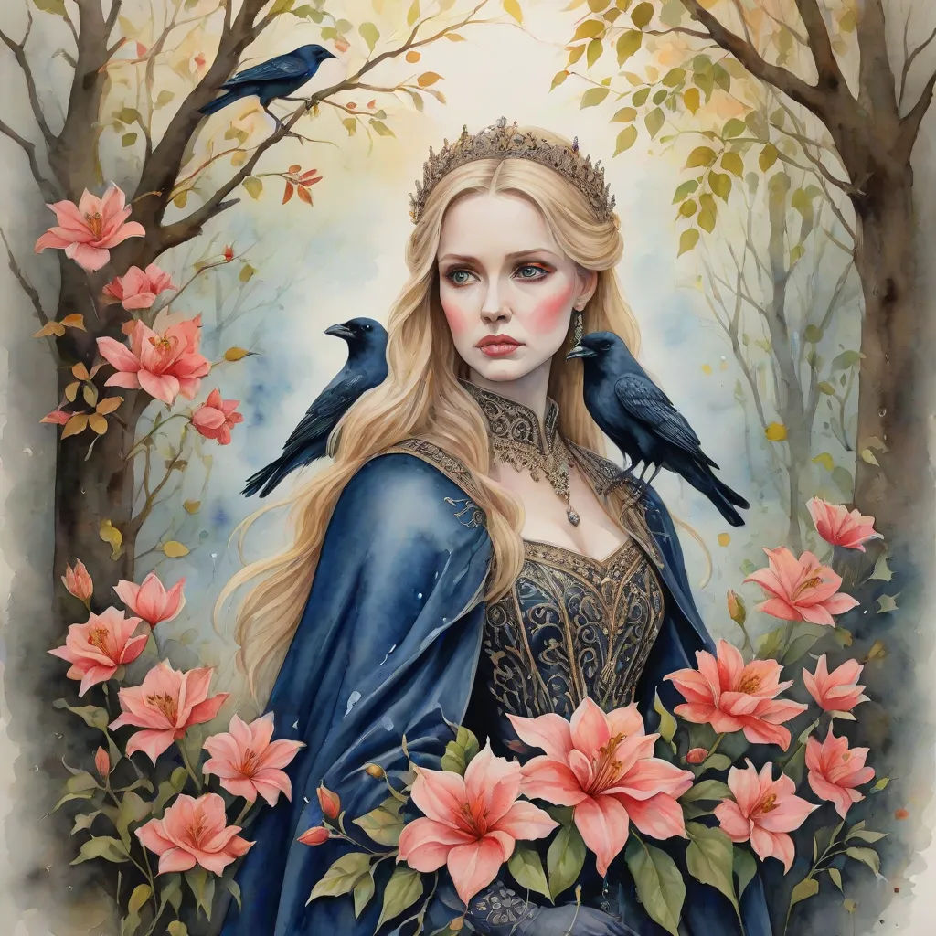 a painting of a woman with a bird on her shoulder and flowers in front of her face, with a bird on her shoulder, gothic art, a detailed painting, Anna Dittmann, in gouache detailed paintings