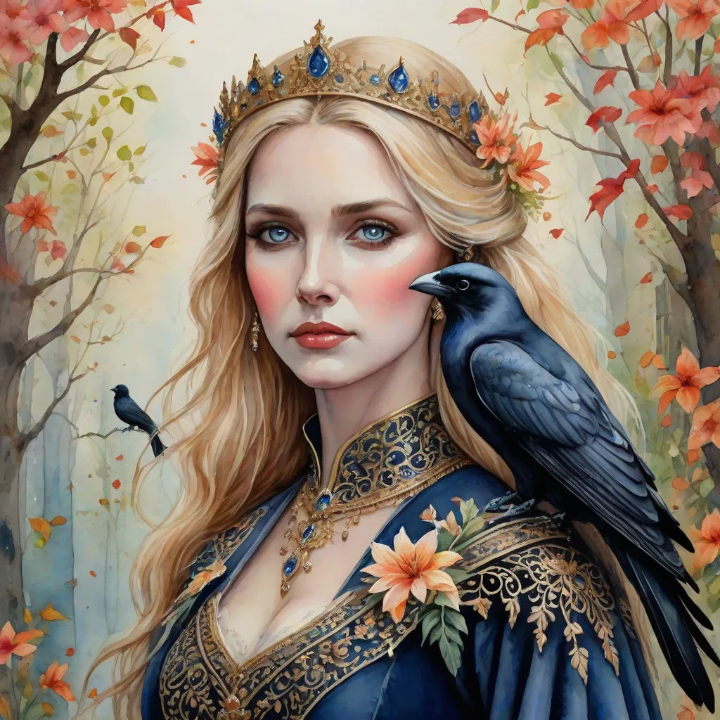 a painting of a woman with a bird on her shoulder and a crown on her head, in a forest, gothic art, a detailed painting, Art of Brom, detailed painting