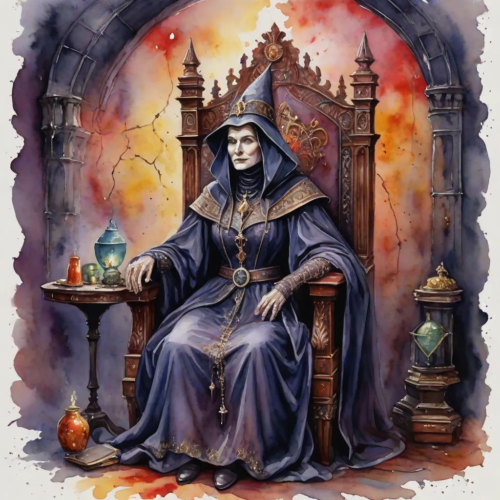 a painting of a woman sitting on a throne with a wizard hat on her head and a candle in her hand, fantasy art, an ultrafine detailed painting, Donato Giancola, epic fantasy character art