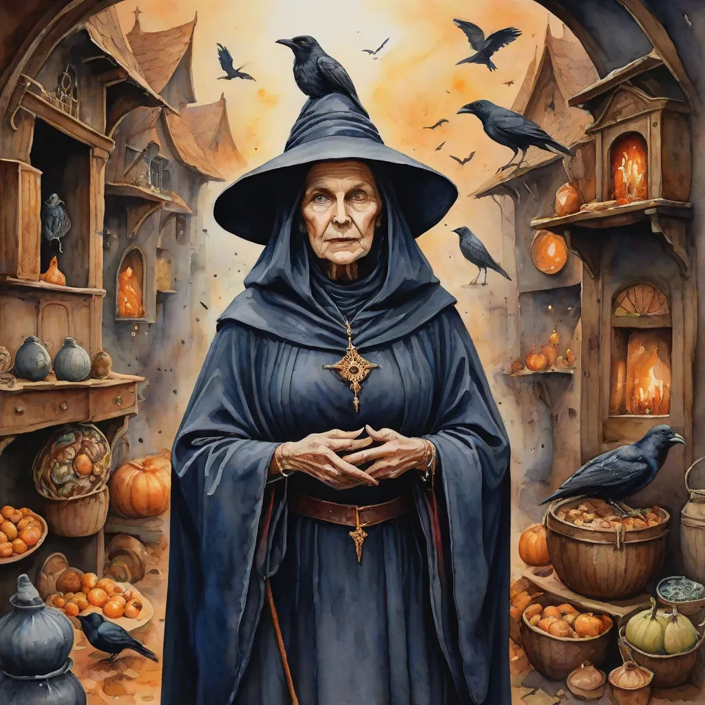 a painting of a woman dressed in a wizard costume with a crow on her shoulder and a crow on her shoulder, fantasy art, a detailed painting, Art of Brom, pj crook