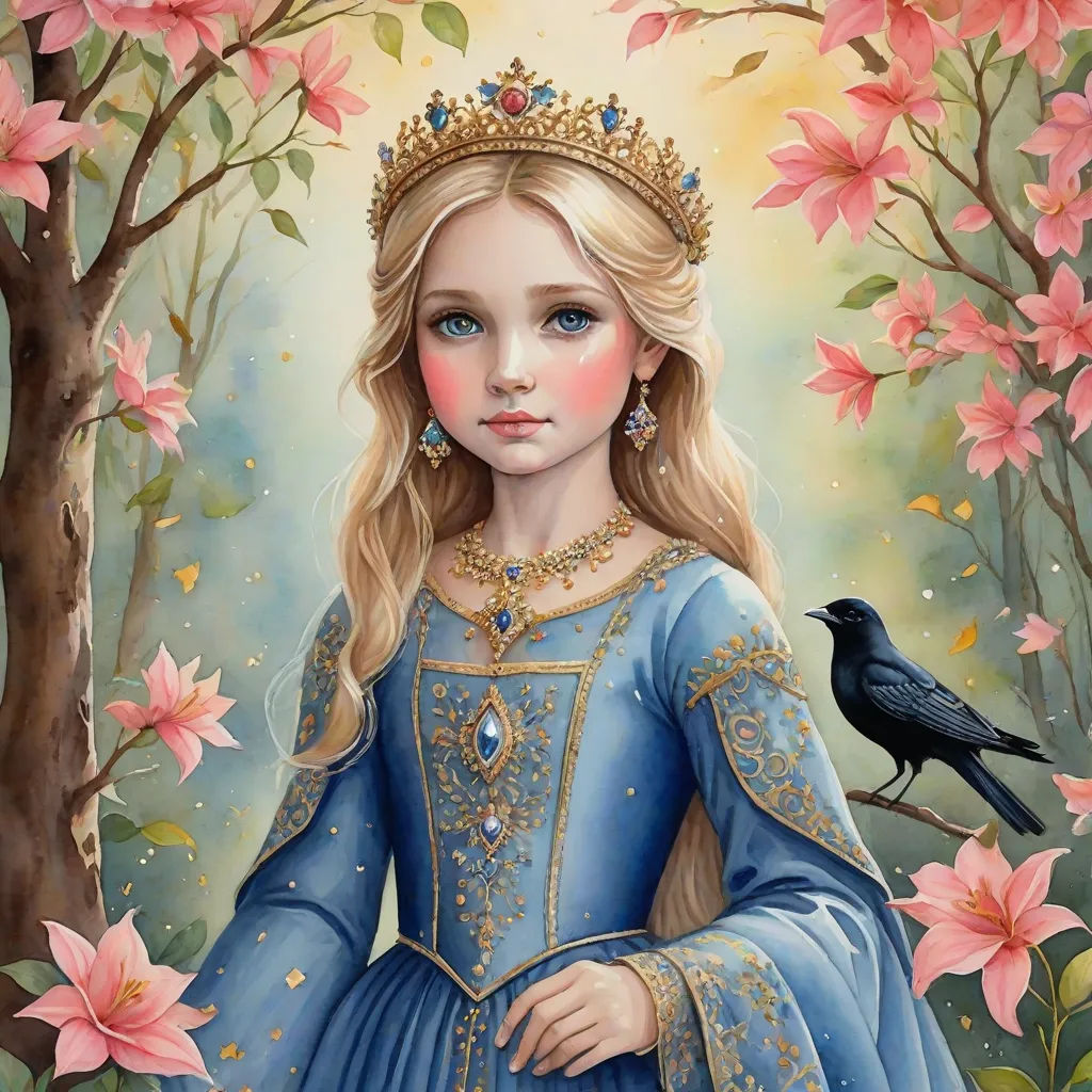 a painting of a little girl in a blue dress with a bird on her shoulder and a tree with pink flowers, gothic art, a detailed painting, Anne Stokes, highly detailed digital painting