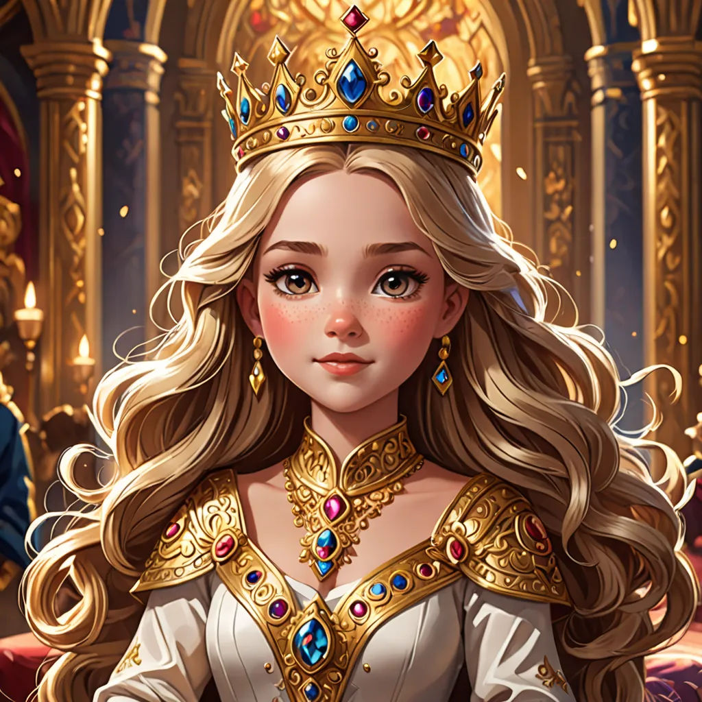 a woman in a golden dress with a crown on her head and a man in a blue suit behind her, fantasy art, a detailed painting, Charlie Bowater, rossdraws global illumination