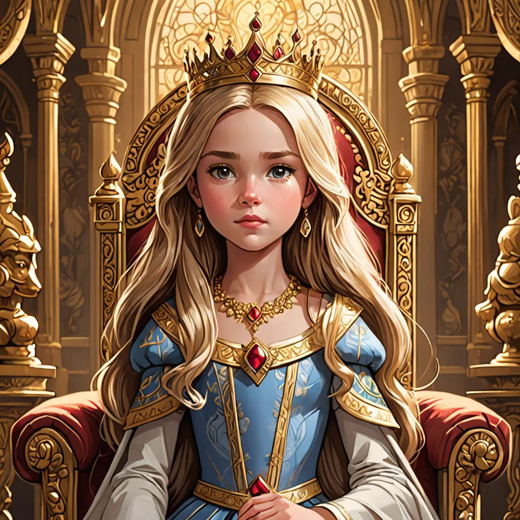 a girl in a blue dress sitting on a throne with a gold crown on her head and a red necklace on her neck, fantasy art, a detailed painting, Charlie Bowater, rossdraws global illumination