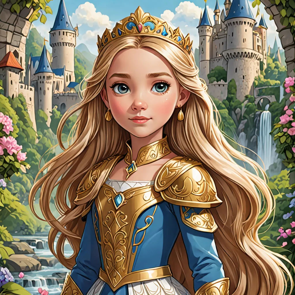 a beautiful blonde haired girl in a blue dress standing in front of a castle with a waterfall and a waterfall, fantasy art, a storybook illustration, Alice Prin, highly detailed digital painting