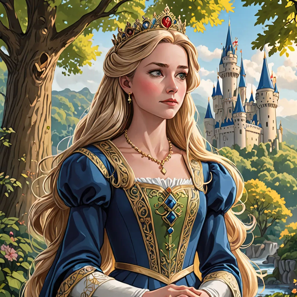 a painting of a woman in a blue dress standing in front of a castle with a tree and flowers, fantasy art, a detailed painting, Charlie Bowater, rossdraws global illumination